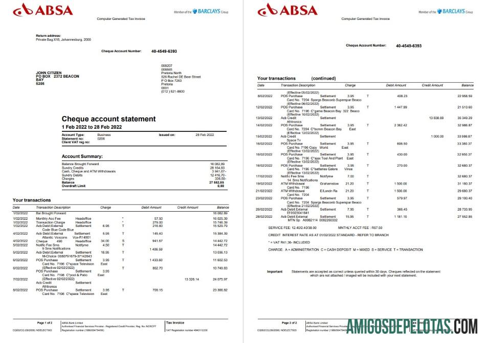 Extrato bancário Absa do Reino Unido para impressão, modelo Word e PDF, 2 páginas